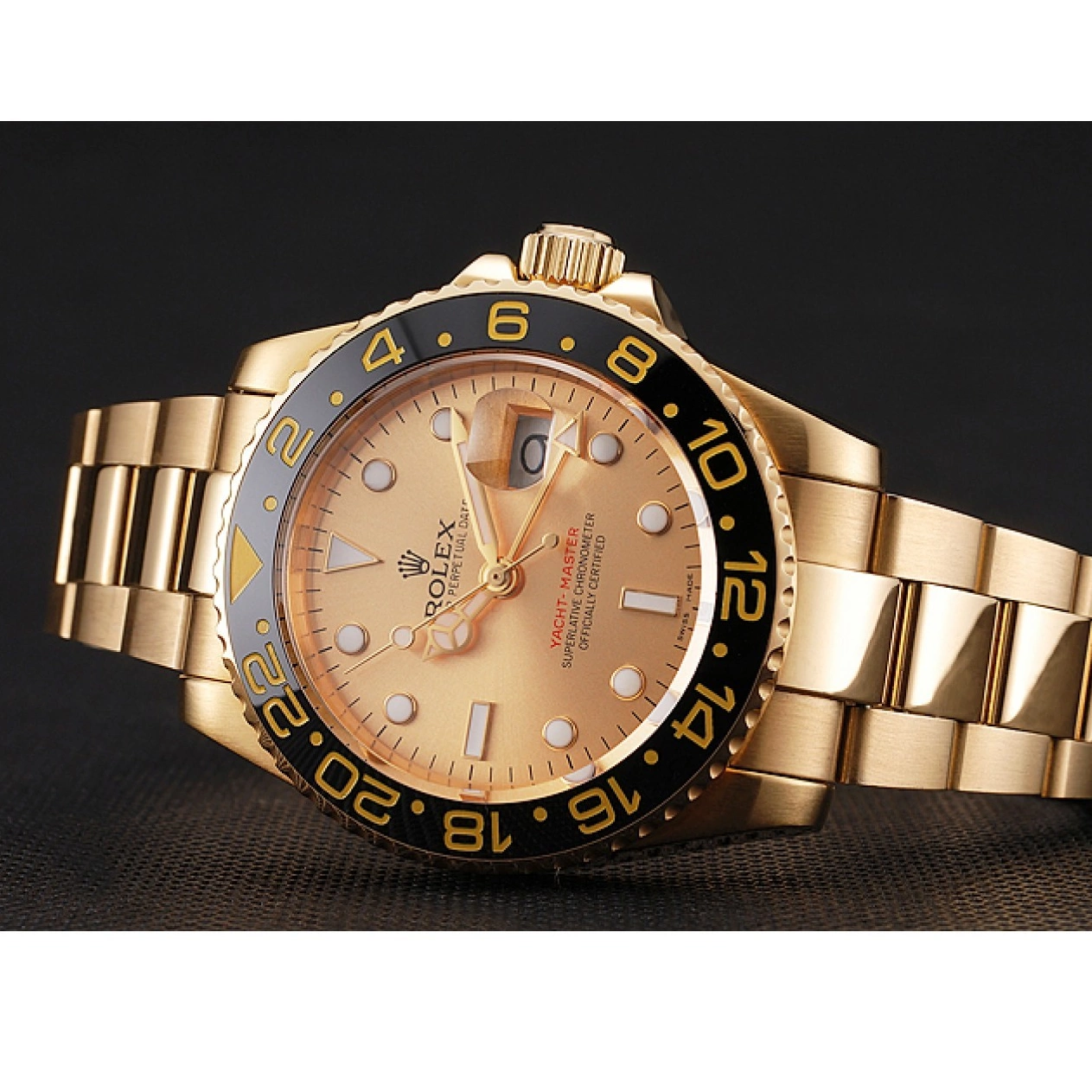 Aaa replica watch Swiss 1453749 Case Gold GMT Gold Dial II Bracelet Rolex And Bezel Master Black 0716